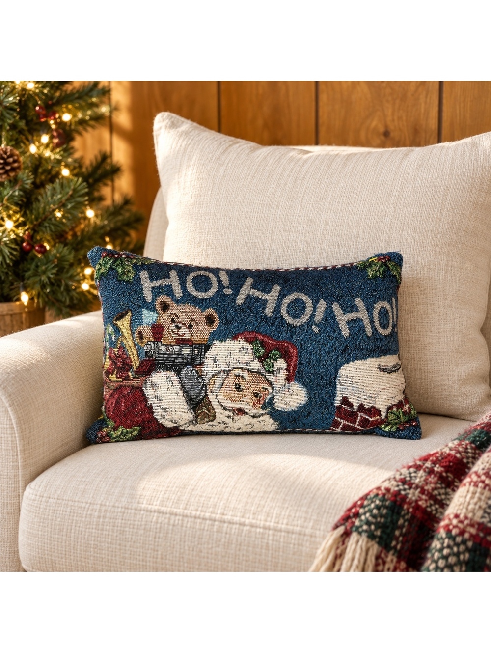 Christmas Tapestry Throw Pillow Santa Teddy Bear Ho Ho Ho Holiday Accent 12x7